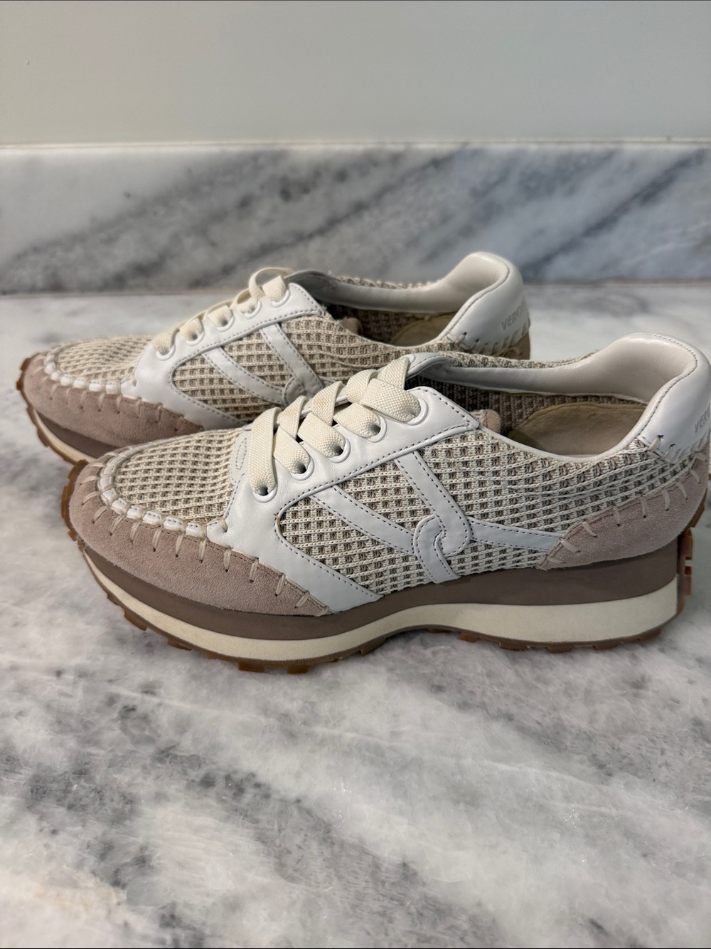 Veronica Beard Cream and Taupe Mesh Platform Sneakers
